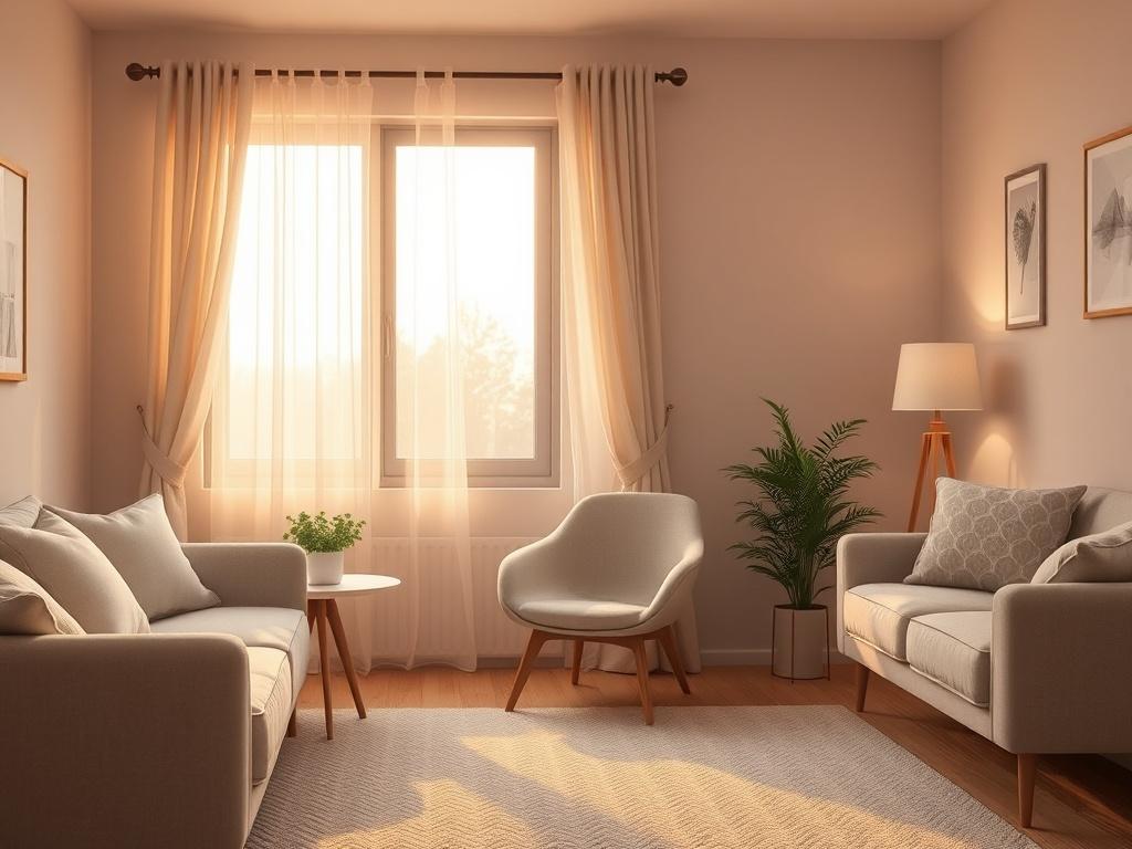 A serene living room in a cozy house setting, featuring