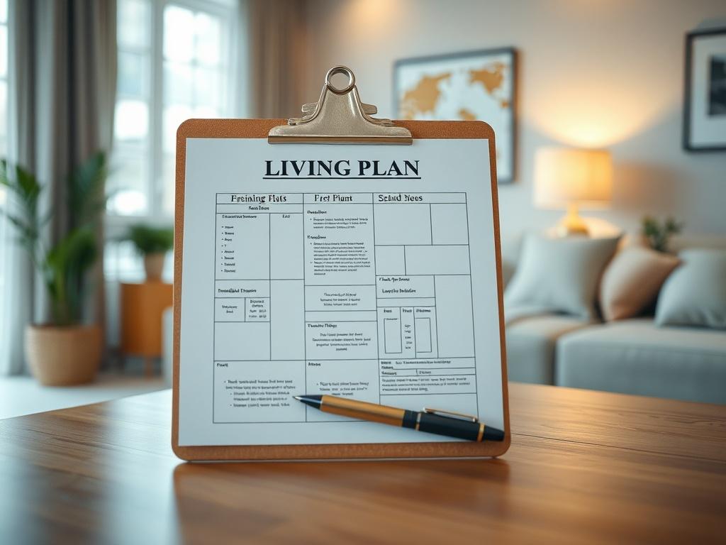 A detailed living plan displayed on a clipboard, with a