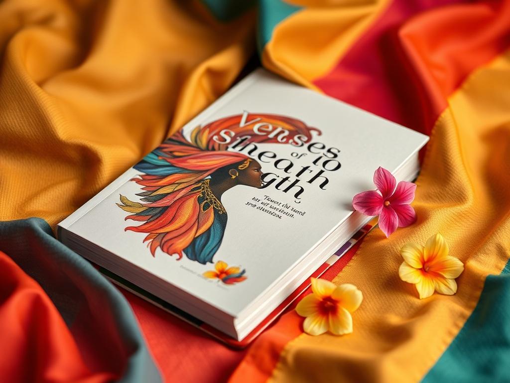 A striking close-up of the book 'Verses of Strength' lying on a bold, colorful fabric background. The book's cover features vibrant artwork that symbolizes empowerment and femininity. A few delicate flowers are scattered around the book, adding a touch of nature and warmth to the composition.
