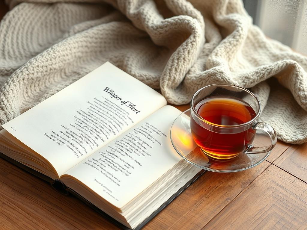 A beautifully arranged close-up shot of a book titled 'Whispers of the Heart' resting on a wooden table. The book is open to a page filled with elegant poetry, with soft natural light illuminating its pages. A delicate cup of tea sits beside the book, and a cozy blanket is draped in the background, suggesting a warm, inviting atmosphere.