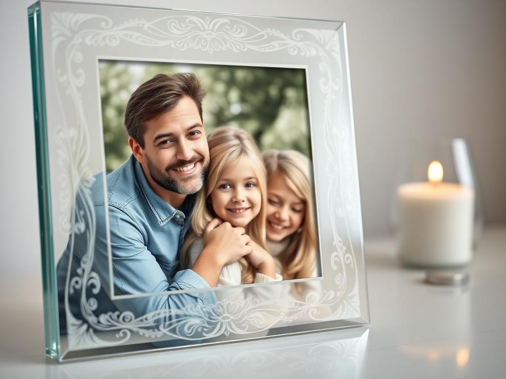 A close-up shot of an elegant etched glass picture frame holding a beautiful family photo. The intricate etchings are clearly visible, adding a touch of sophistication. The frame is set against a softly blurred background, showcasing its clarity and design. The lighting highlights the glass's reflective quality, enhancing the overall elegance.