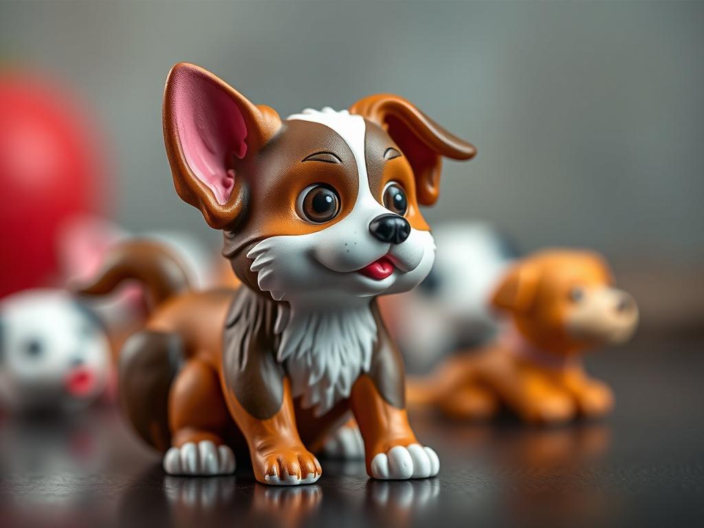 A close-up shot of a unique 3D printed custom figurine showcasing intricate details and vibrant colors. The figurine represents a beloved pet, with a lifelike appearance and playful pose. The background is softly blurred, allowing the figurine to stand out prominently. The lighting accentuates the textures and colors, making it a striking visual.