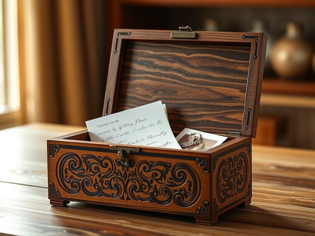 A close-up shot of a beautifully crafted custom laser engraved keepsake box made of high-quality wood, featuring intricate designs and personalized engravings. The box is open, showcasing a collection of cherished items like letters and photos inside. The background is softly blurred, emphasizing the box's details and craftsmanship, with warm, natural lighting.