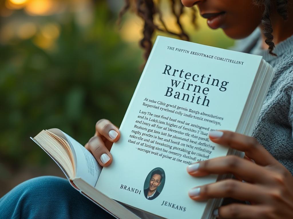A close-up shot of a person holding a book by Brandi Jenkins, deeply engrossed in reading. The background subtly highlights a serene outdoor setting, symbolizing reflection and personal growth.