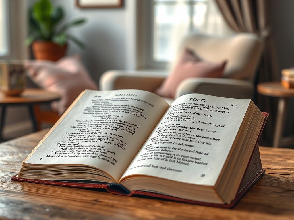 A close-up shot of an open book of poetry resting on a wooden table, with a soft light illuminating the pages. The background features a blurred image of a cozy reading nook with a plush chair and a small potted plant, conveying a warm and inviting atmosphere.