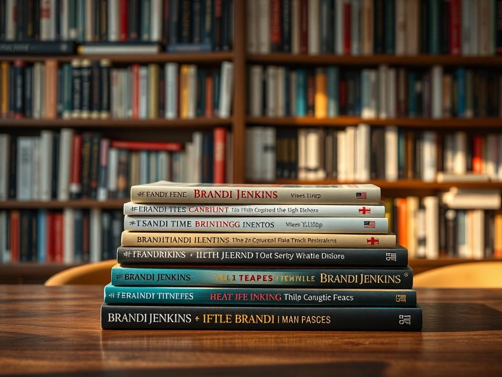 A high-resolution close-up of a stack of Brandi Jenkins' books arranged neatly on a table, with a warm light casting gentle shadows. The background features a bookshelf filled with various genres, creating an inviting and intellectual atmosphere.