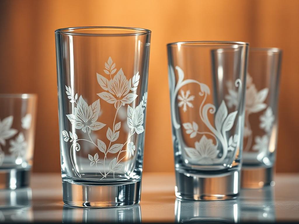 A close-up shot of a beautifully laser engraved tumbler and glassware set, showcasing intricate designs and patterns. The tumbler features delicate floral engravings, while the glassware has elegant, swirling motifs. The setting is minimalistic with a soft-focus background that highlights the craftsmanship of the pieces. The colors are warm, reflecting the rgb(216, 167, 155) primary color scheme, and the light gently illuminates the engravings, emphasizing the detail and quality of the craftsmanship.