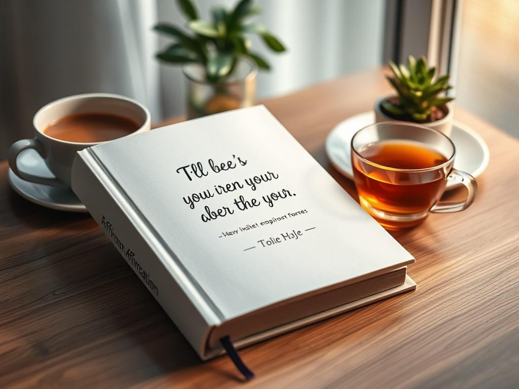A high-resolution image of a beautifully designed affirmation book placed on a serene desk with a cup of tea and a small potted plant. The soft lighting creates a calming atmosphere, emphasizing the positivity of the book.