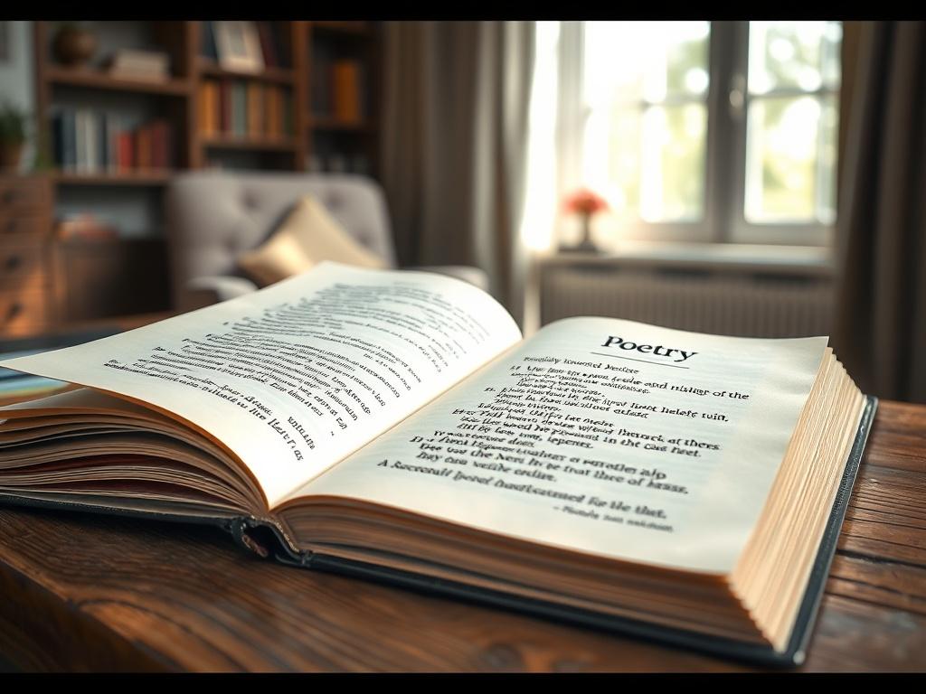 A close-up shot of an open poetry book on a wooden desk, with soft natural light illuminating the pages. The background is blurred, showcasing a cozy reading nook with a plush chair and a small bookshelf. The focus is on the poetry book, highlighting beautifully written verses.