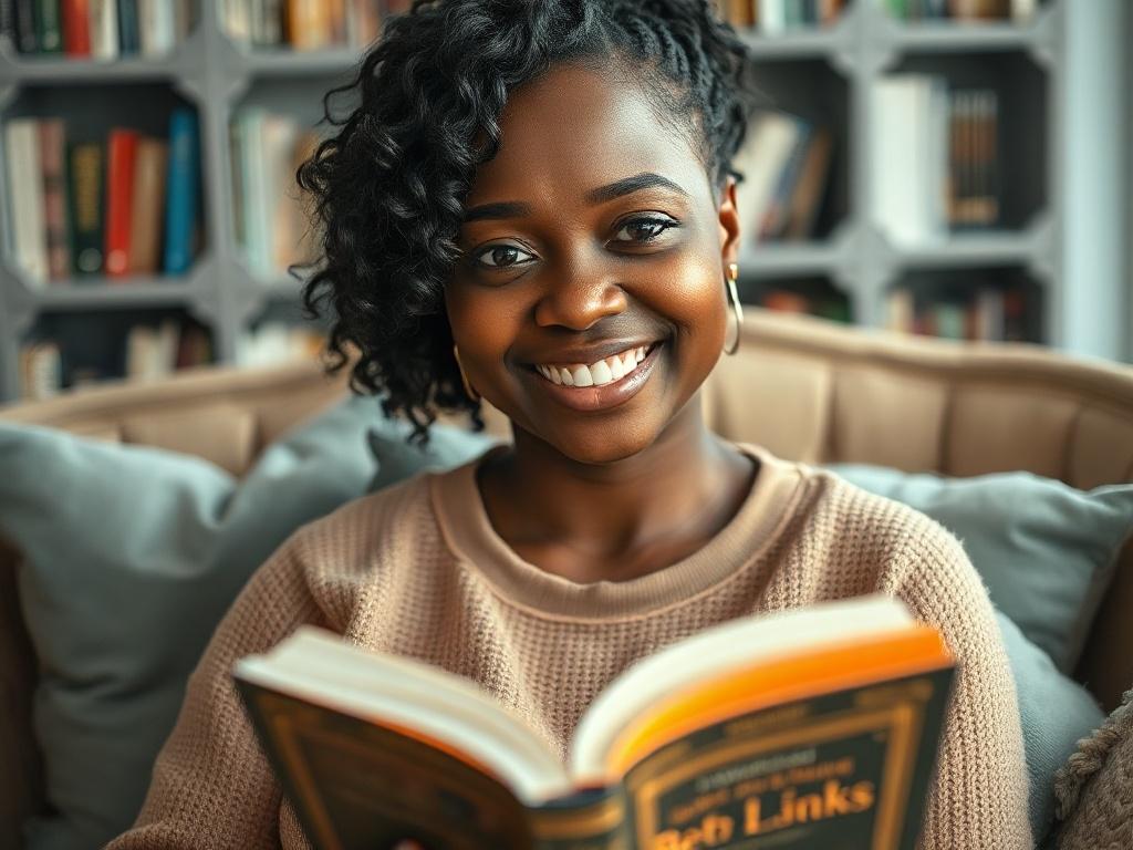 A close-up shot of Brandi Jenkins smiling and holding a book, surrounded by a cozy reading nook with soft cushions and bookshelves in the background. The image captures a warm and inviting atmosphere, encouraging readers to connect with the author.