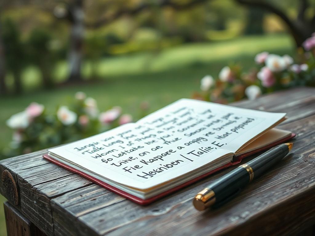 A close-up shot of a notepad with handwritten notes and a pen beside it, set against a backdrop of a serene outdoor scene with nature elements like trees and flowers. The image conveys a sense of reflection and exploration, inviting viewers to engage with diverse topics.