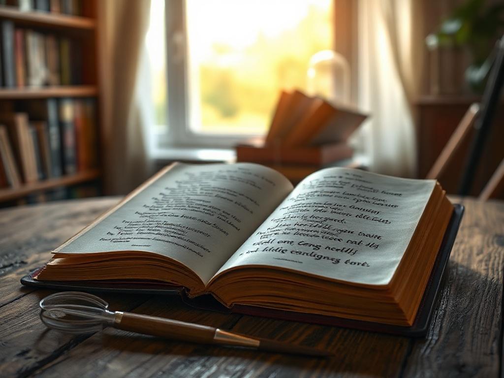 A close-up shot of an open poetry book on a wooden table, with beautiful, handwritten verses visible on the pages. Soft natural light filters in from a nearby window, creating a warm ambiance. The background features a blurred bookshelf filled with various literary works, emphasizing the theme of literature and creativity.