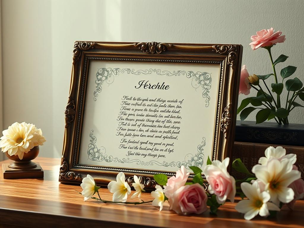 A beautiful, elegantly framed poem displayed on a wooden desk, with soft lighting highlighting the intricate details, surrounded by fresh flowers.