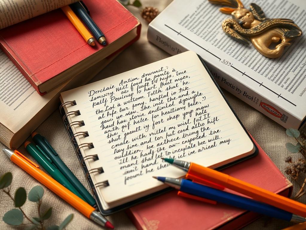 A close-up shot of a notebook filled with handwritten poetry, surrounded by colorful pens and books on poetry, set against a soft, natural background.