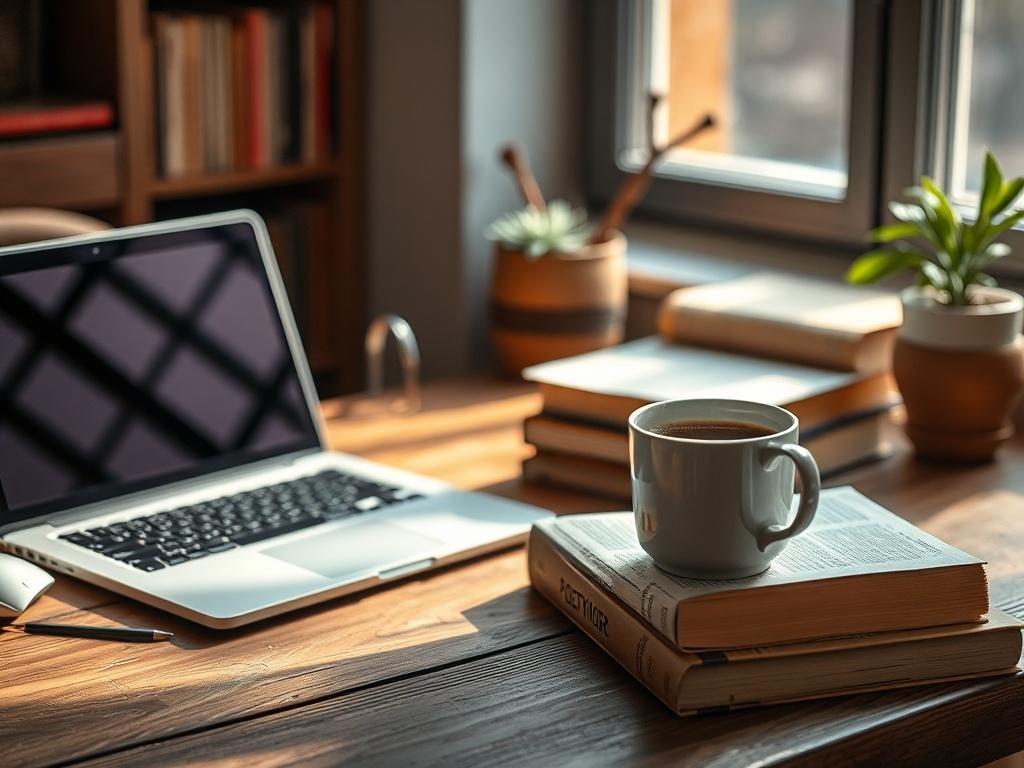 An inviting workspace featuring a laptop, a stack of poetry books, and a cup of coffee, with a cozy ambiance and natural light flooding in.