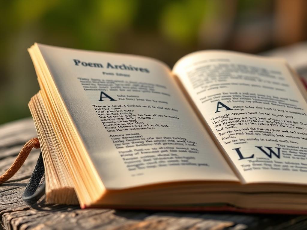 A close-up shot of a beautifully bound poetry book titled 'Poem Archives,' set against a softly blurred natural background. The book should be open, revealing elegant pages with neatly formatted poetry text. The lighting should be warm and inviting, highlighting the texture of the book cover and pages. The color palette should harmonize with the primary color rgb(162, 175, 127).