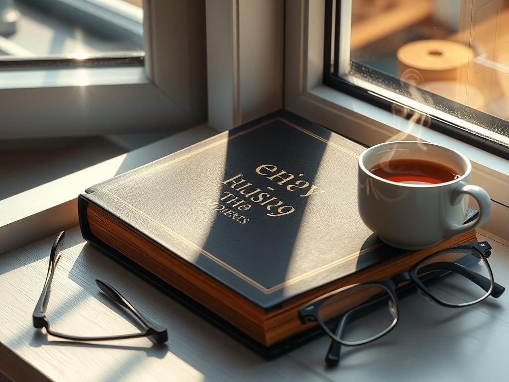 A hyper-realistic close-up shot of 'Essence of Moments', the book laying on a sunlit windowsill, with sunlight streaming through, casting soft shadows, surrounded by a steaming cup of tea and a pair of reading glasses, evoking a sense of warmth and tranquility.