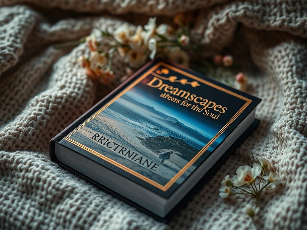 A hyper-realistic close-up shot of the book 'Dreamscapes: Poems for the Soul' resting on a soft, textured blanket, with warm ambient lighting highlighting the cover, surrounded by delicate flowers, creating a cozy and contemplative setting.