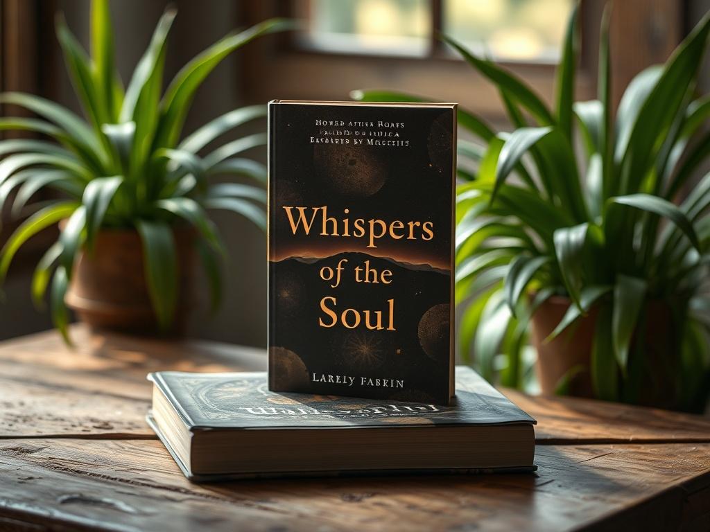 A hyper-realistic close-up shot of the book 'Whispers of the Soul' displayed elegantly on a rustic wooden table, soft natural light illuminating the cover, with a blurred background of green plants, creating a tranquil and inviting atmosphere.