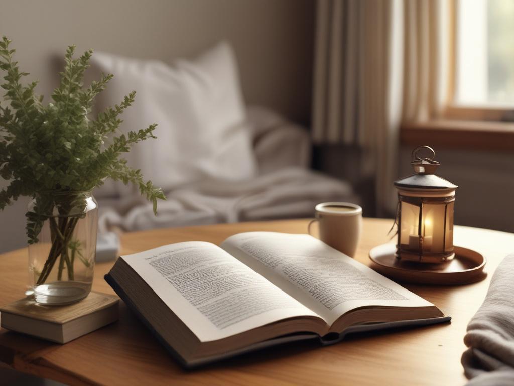 A serene and peaceful scene featuring an open book on