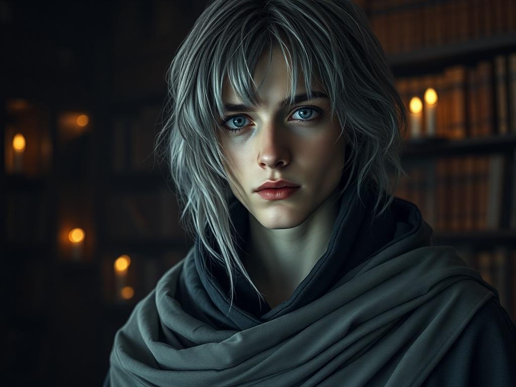 A tall and calm figure with silver-streaked hair, resembling ink brushed with moonlight. The individual has storm-gray eyes that reflect depth and serenity. They are draped in a flowing cloak that shifts between parchment and shadow, embodying the quiet grace of candlelit libraries. The setting is a dimly lit library with soft, warm lighting, emphasizing the tranquil atmosphere and the character's poise. The focus is on the individual, capturing their serene expression and the intricate details of their clo