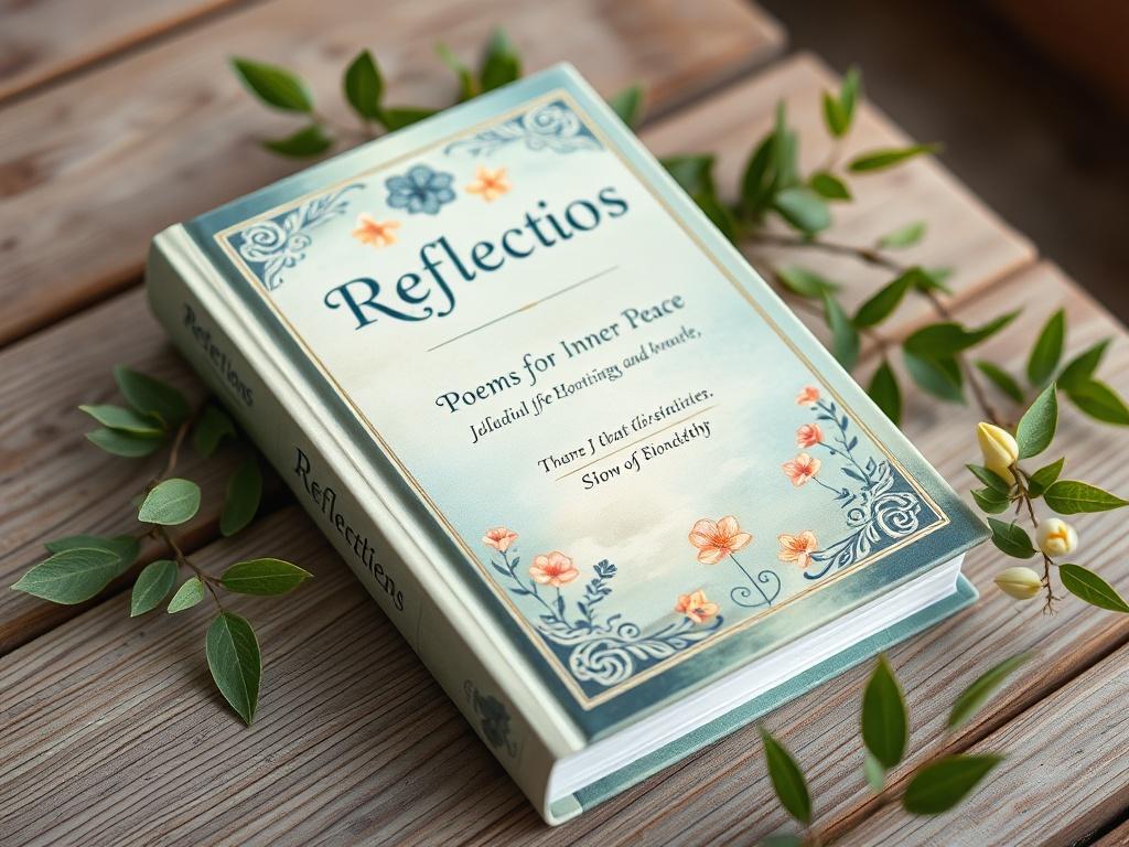 A close-up shot of the book cover for 'Reflections: Poems for Inner Peace,' beautifully illustrated with calming colors and nature-inspired motifs. The book is placed on a serene wooden surface, surrounded by soft greenery, evoking a sense of tranquility and peace.
