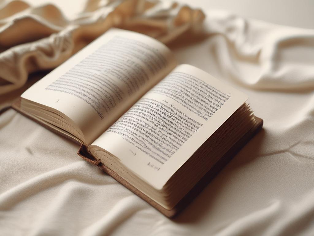A realistic high-resolution photo of an open book showcasing the pages with beautiful poetry and prose. The book should be positioned on a soft, textured surface, such as a wooden table or a cozy blanket. Gentle lighting should illuminate the pages, creating a peaceful atmosphere. The background should be softly blurred to keep the focus on the open book, while warm, natural colors enhance the inviting feel of the scene.
