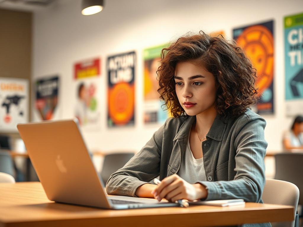 **Prompt for AI Image Generation:**

Create a highly realistic, high-resolution photo featuring a single young person, approximately 18 years old, which captures the essence of innovation and curiosity in a workshop setting. The subject should be a thoughtful, focused young woman with medium-length curly hair, wearing casual but smart clothing, reflecting an environment of learning and engagement. She should be seated at a modern table, intently looking at a laptop, with notes and a pen beside her, symboliz