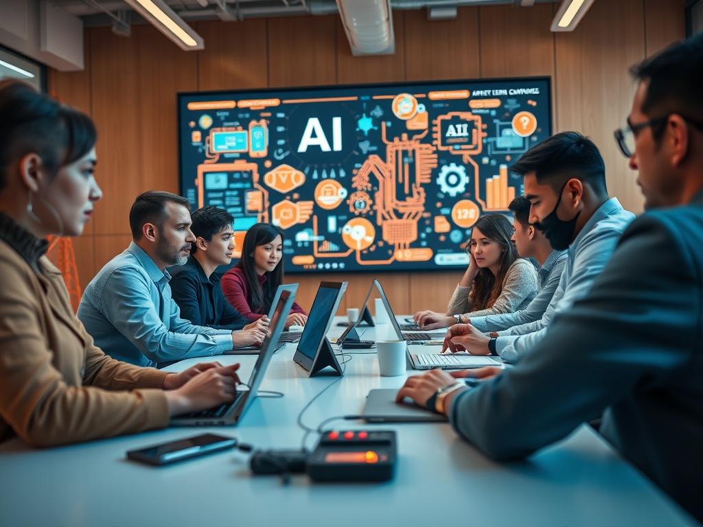 A close-up shot of a diverse group of professionals engaged in a brainstorming session about AI technology. They are gathered around a modern conference table with laptops and digital devices, showcasing a collaborative environment. The background features a large screen displaying AI-related graphics, with a warm and inviting atmosphere. The image should be shot with a 45mm f/1.2 lens style to emphasize the people and activities in focus, while the primary color is rgb(50, 170, 39).