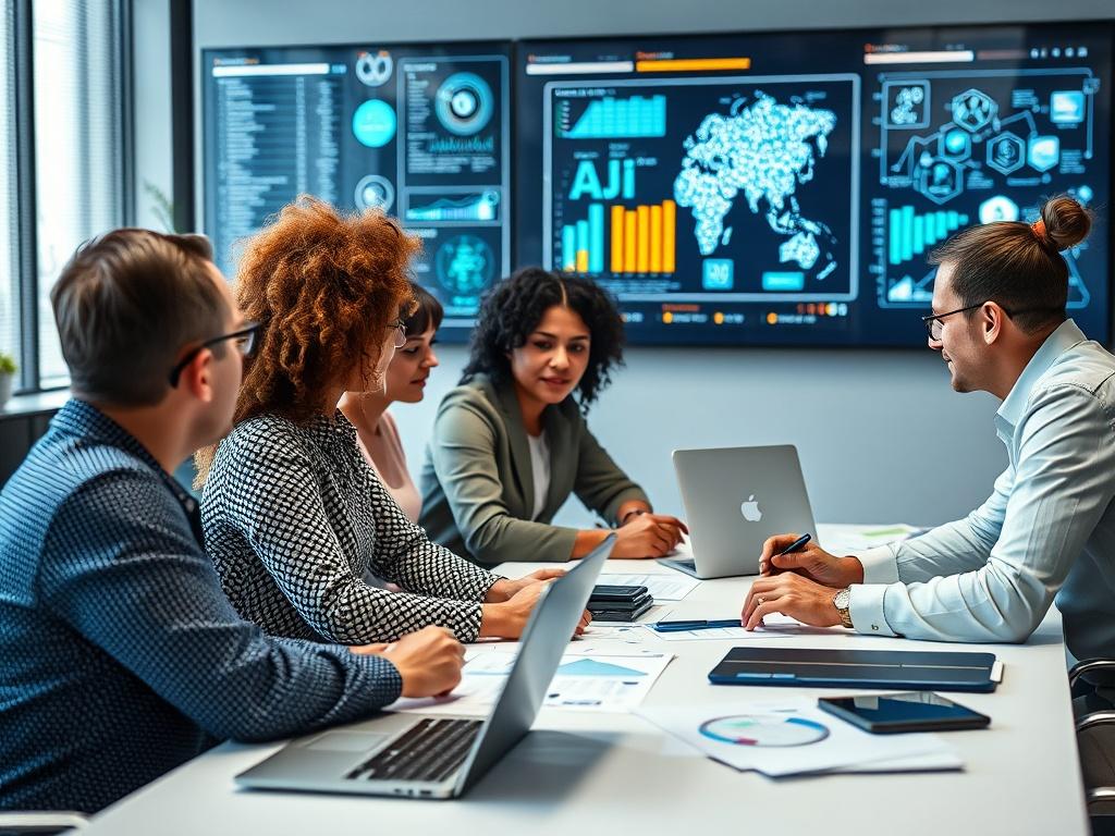 A close-up shot of a strategic business planning session in progress, showcasing a diverse team discussing AI implementation plans. The team is gathered around a table with charts, laptops, and digital devices, highlighting a dynamic brainstorming atmosphere. The background shows a digital screen with strategic AI concepts displayed. The image should have a clear focus on the team and their engaging discussions, shot with a 45mm f/1.2 lens style, with the primary color being rgb(50, 170, 39).