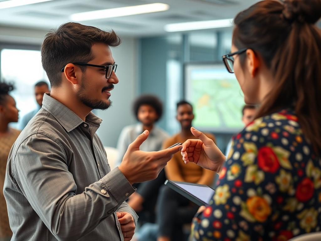 A close-up shot of a professional trainer leading a workshop on AI communication strategies. The setting is vibrant and engaging, featuring a mix of diverse participants actively participating in discussions and activities. The trainer is using a digital presentation to illustrate key points. The image captures a moment of interaction and learning, shot with a 45mm f/1.2 lens style, with the primary color being rgb(50, 170, 39).