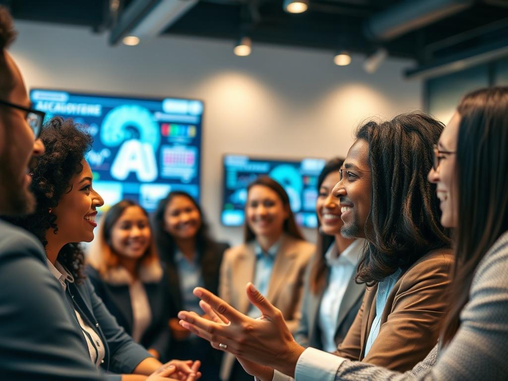 A close-up shot of a diverse group of professionals engaged in an animated discussion about artificial intelligence. The focus is on one person speaking, with visible enthusiasm and engagement. The background is a modern office space with subtle hints of technology, like screens displaying AI data. The lighting is bright and inviting, emphasizing a collaborative atmosphere. Ensure high-resolution quality with a hyper-realistic rendering, shot with a 45mm f/1.2 lens.
