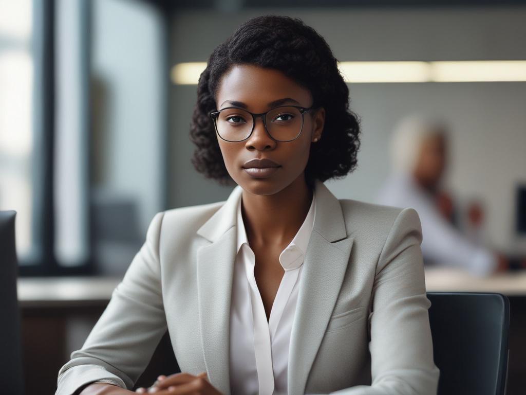 A close-up shot of a confident businesswoman, Pamela Ajogbeje, in a modern office environment, engaged in a thoughtful discussion about AI and business growth. She has a warm smile, wearing professional attire. The background is softly blurred to emphasize her, with a hint of technology-themed decor. The lighting is bright and inviting, creating a professional yet approachable atmosphere.