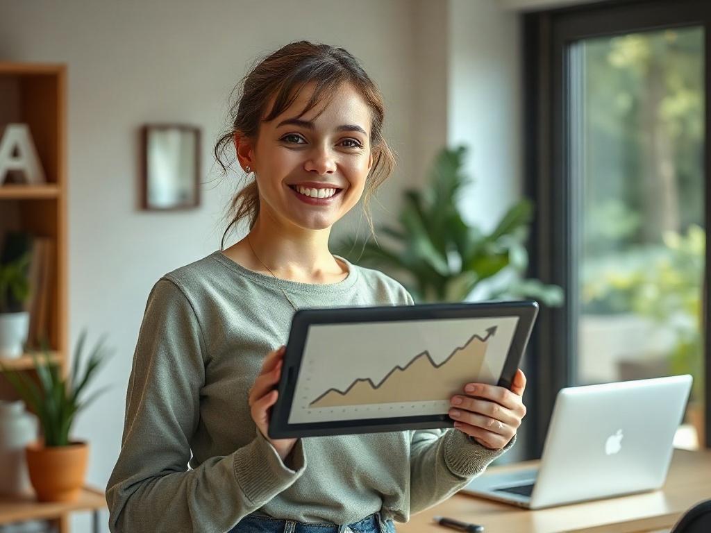 **AI Image Generation Prompt:**

Create a hyper-realistic high-resolution photo focusing on a single subject—an enthusiastic small business owner, a woman in her 30s, standing confidently in her cozy, modern office space. She is smiling and holding a tablet displaying a graph that symbolizes growth, signifying the positive impact of AI on her business. The composition should be simple and clear, with the subject positioned slightly off-center to enhance visual interest. 

In the background, include a neatly organized workspace featuring a potted plant, a laptop, and a few business-related books, all bathed in natural light from a large window. Choose warm, inviting colors to evoke a sense of optimism and potential. The primary color accent should be in the decor or furniture to harmonize with a #062767 color scheme. Ensure the focus remains on the business owner to convey empowerment, illustrating the theme of "Unlock the potential of AI for your small business." The image should resonate with the concept of embracing AI in a practical, relatable manner, suitable for a blog titled "Embracing AI: A Guide for SMEs."