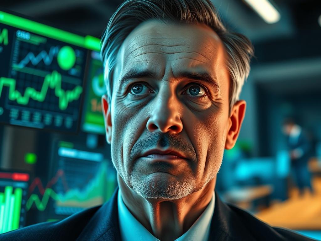 A close-up shot of a business leader contemplating future strategies with AI technology, surrounded by futuristic digital displays and graphs. The leader has an expression of determination, symbolizing foresight and adaptability. The background should feature a modern office environment, subtly blurred, with green accents that reflect the primary brand color.