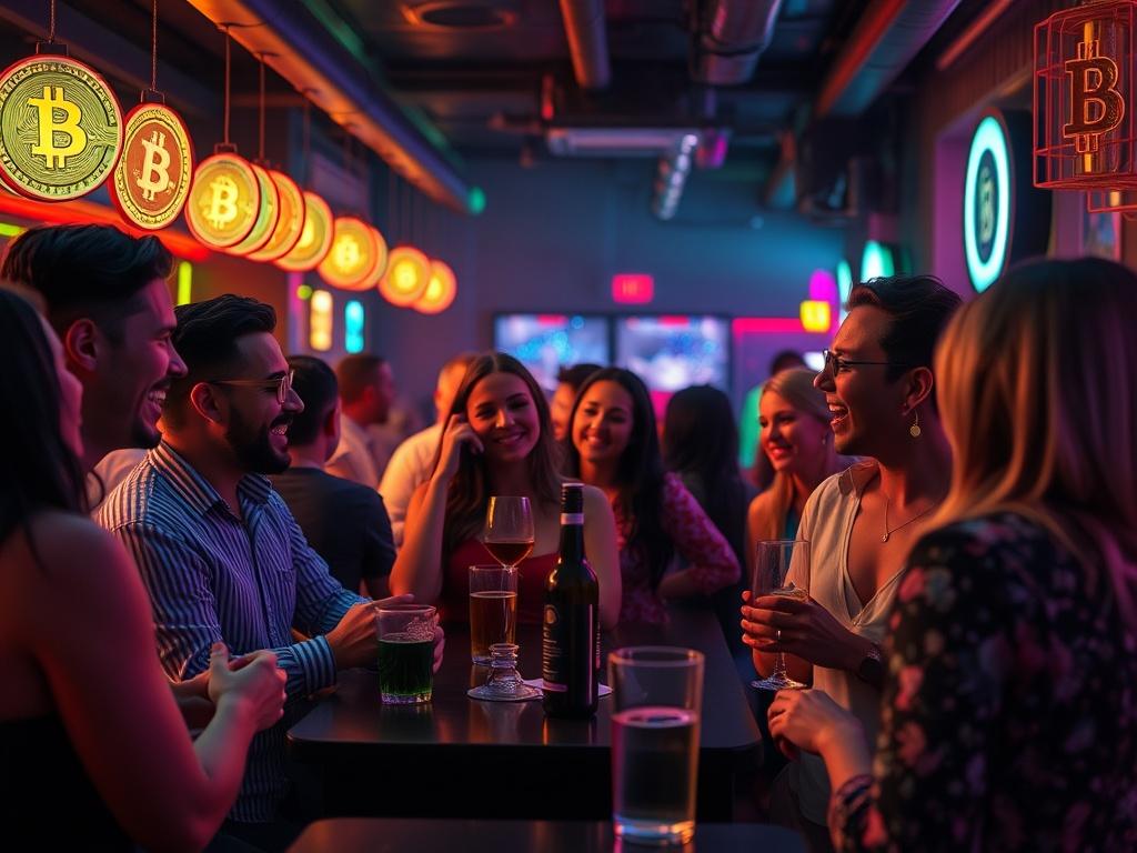 A lively social gathering in a modern bar setting, with