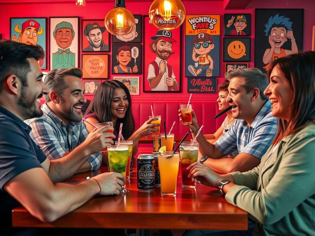 A playful gathering of adults sharing and laughing over meme