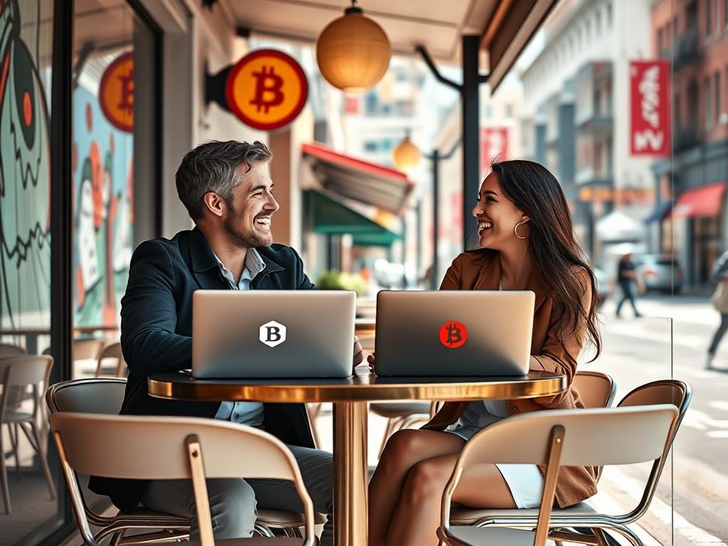 Create a realistic high-resolution photo that captures the essence of "Crypto Culture and Dating." The composition should feature a single subject: a stylish adult couple seated at a trendy, minimalistic café table. The couple should be engaged in a lively conversation over their laptops, sharing lighthearted laughter, with prominent cryptocurrency symbols subtly displayed on their computer screens. 

The background should showcase elements of urban life, featuring a vibrant city street filled with modern a