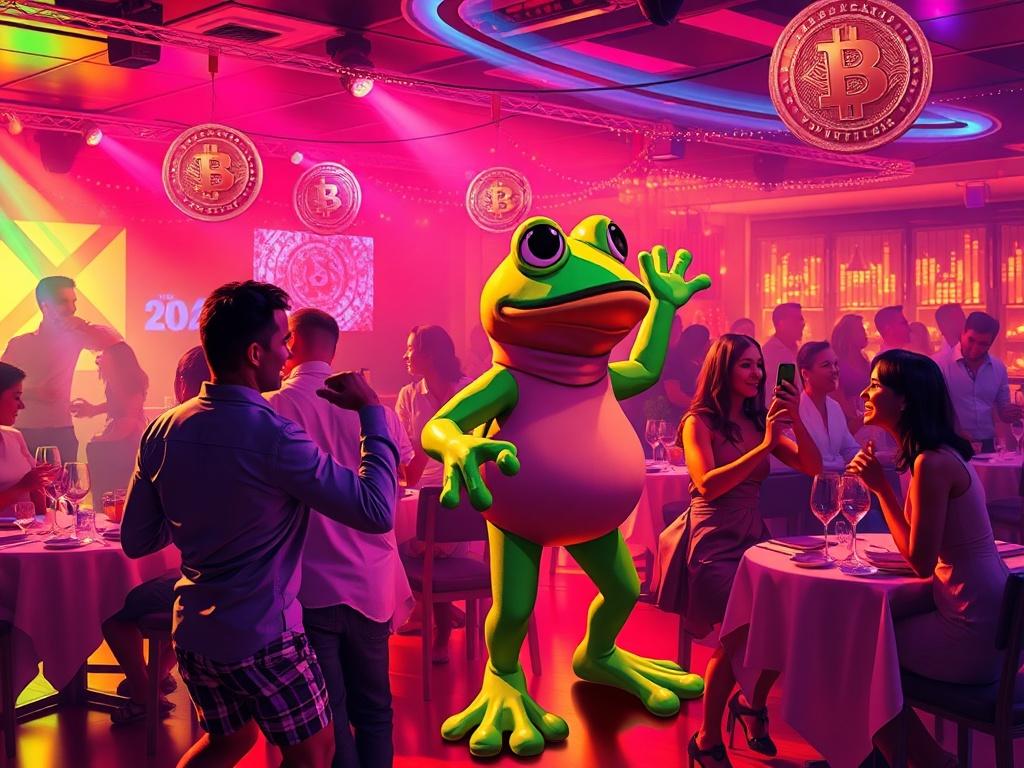A vibrant nightlife scene depicting a lively dance floor with colorful lights, featuring a large Pepe the Frog mascot dancing among excited couples. The atmosphere should be filled with energy and laughter, showcasing couples enjoying dinner at a stylish restaurant in the background, resonating with a blockchain and meme coin culture. The colors should be bold and vivid, emphasizing a fun and flashy environment.