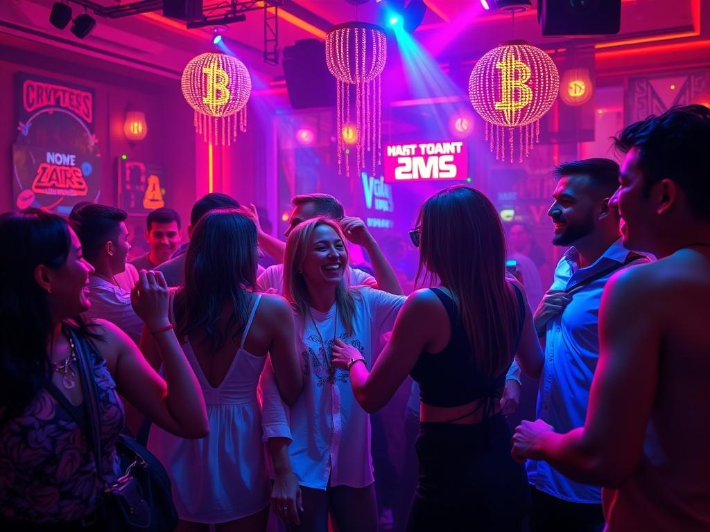 A dynamic nightclub scene showcasing a group of adults dancing and enjoying themselves at a crypto-themed event. The atmosphere is vibrant, with colorful lights and playful meme-inspired decorations. The focus is on the joy and connection among attendees, creating an engaging environment full of laughter and excitement.