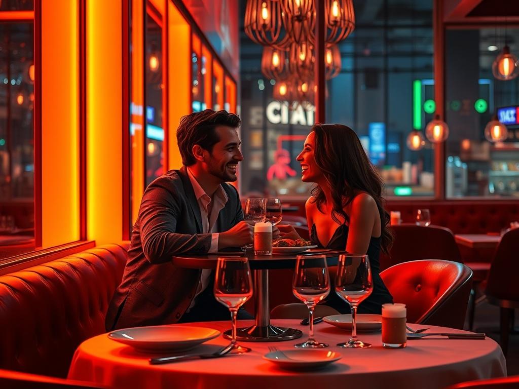 An intimate dining scene featuring a couple at a beautifully set table in a stylish restaurant. The setting exudes a nightlife vibe with dim lighting and vibrant decor. The couple shares laughter and eye contact, enjoying their meal together, surrounded by an energetic atmosphere reflecting crypto culture.