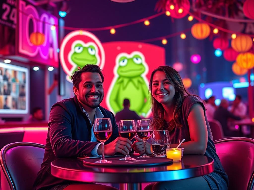 A lively nightlife scene featuring a couple smiling, surrounded by vibrant lights and a festive atmosphere. The background showcases iconic imagery of Pepe the Frog, symbolizing meme culture. The couple sits at a stylish table, enjoying a romantic dinner, with playful elements reflecting blockchain and cryptocurrency. The composition focuses on the couple, capturing their joy in a colorful, energetic environment.