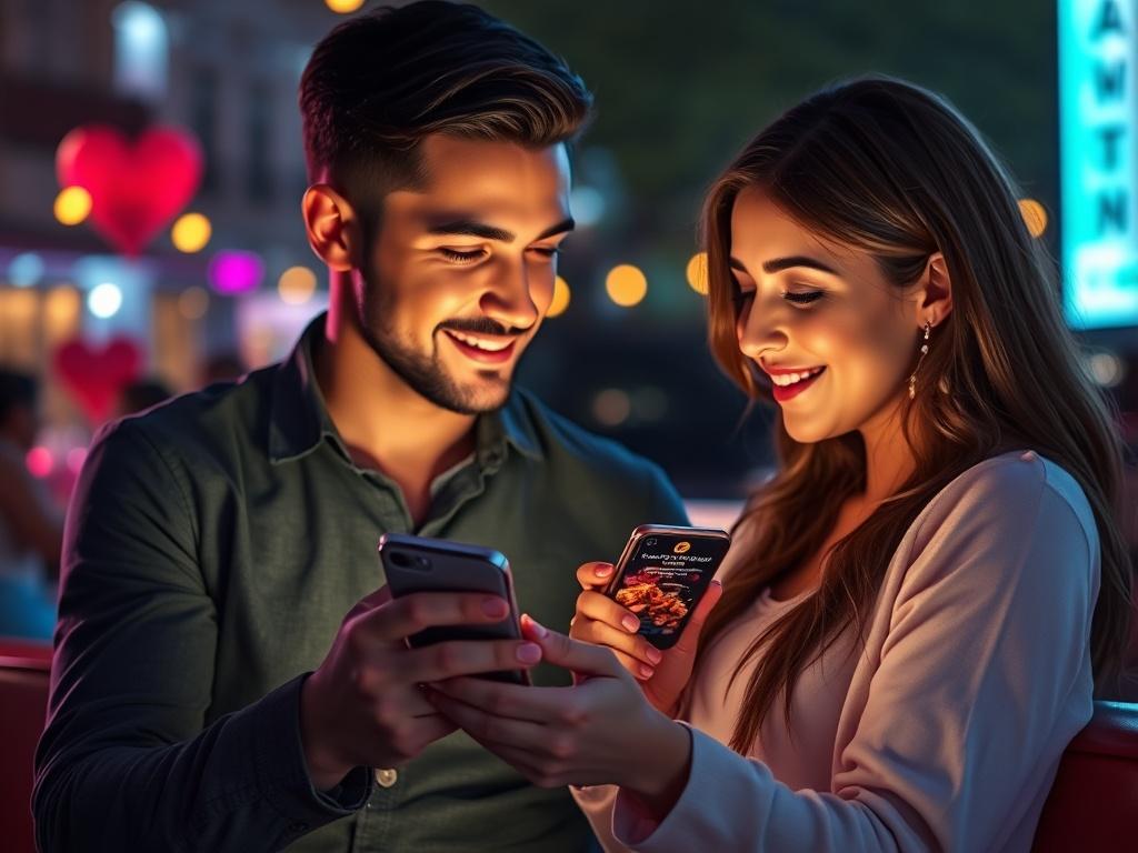 A high-resolution image of a couple planning a date night on a stylish mobile app. The app displays options for dining and events with vibrant, eye-catching graphics. The background showcases elements of nightlife, creating a romantic and energetic atmosphere.