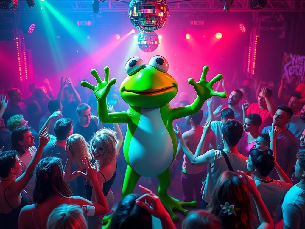 A lively dance party scene featuring a vibrant crowd dancing energetically under colorful lights. In the center, a large Pepe the Frog figure is animatedly engaging with the crowd. The background is filled with disco lights, showcasing a fun club vibe. The colors are bold and vibrant, capturing the excitement of a nightlife event.