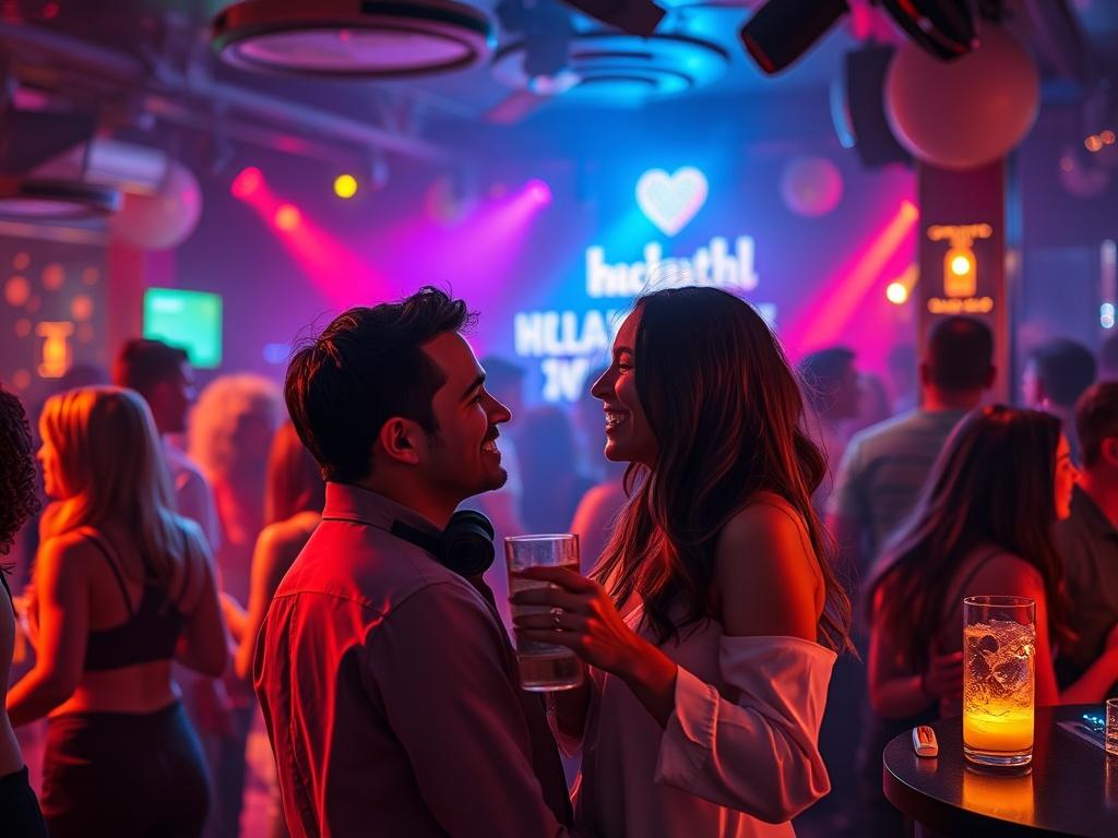 A high-resolution image capturing a lively club scene with couples enjoying their date night. The atmosphere is electric, with colorful lights and people dancing. The focus is on a couple sharing a joyful moment, reflecting the essence of nightlife and romance.