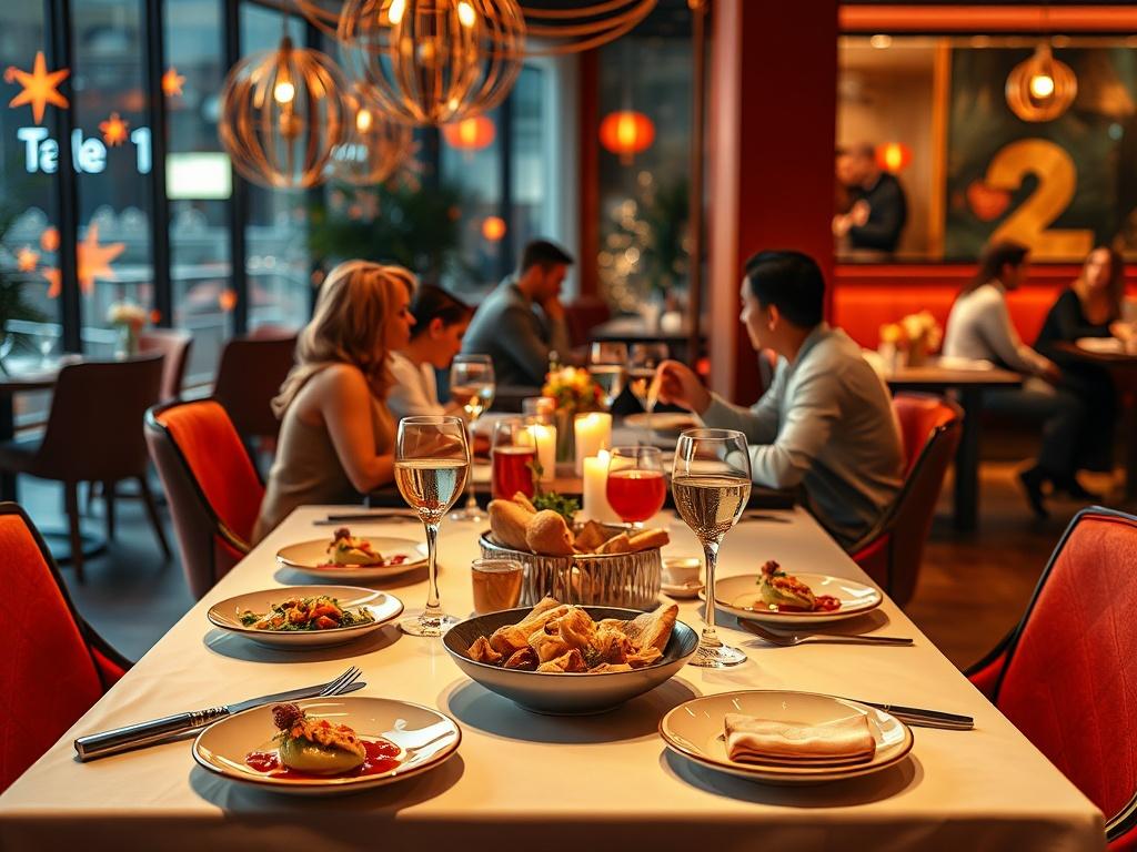An inviting restaurant table set for two, adorned with delicious dishes and drinks, creating a romantic atmosphere. In the background, couples are engaged in lively conversation, with a subtle hint of digital currency symbols in the decor. The lighting is warm and intimate, enhancing the dining experience.