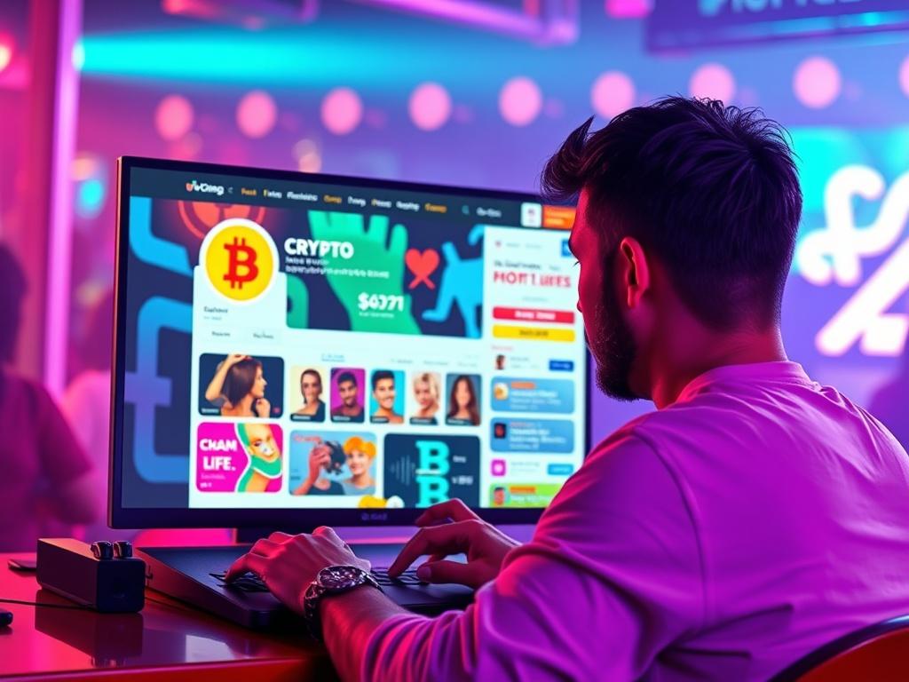 A high-resolution image of a user creating an online dating profile on a vibrant, dynamic website. The screen displays colorful graphics related to crypto and memes, with elements representing nightlife. The background is lively and club-inspired, capturing the essence of fun and excitement.