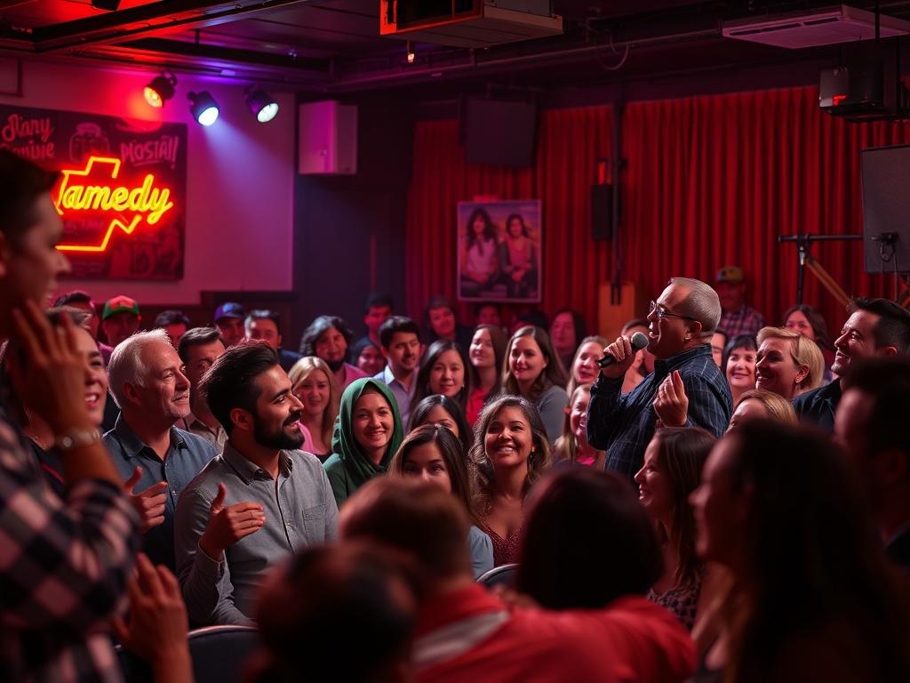 A lively comedy club scene with an energetic comedian on stage, making the audience laugh. The crowd is diverse, showcasing various ages, all enjoying the performance. The atmosphere is vibrant, with colorful lights and decor reflecting a fun nightlife vibe.