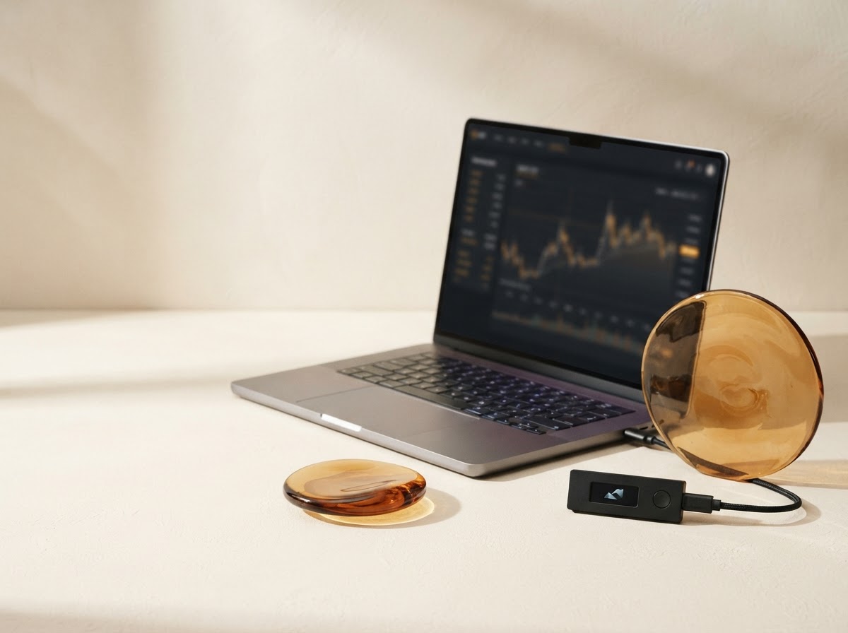 A hardware wallet beside a laptop displaying a softly blurred portfolio screen