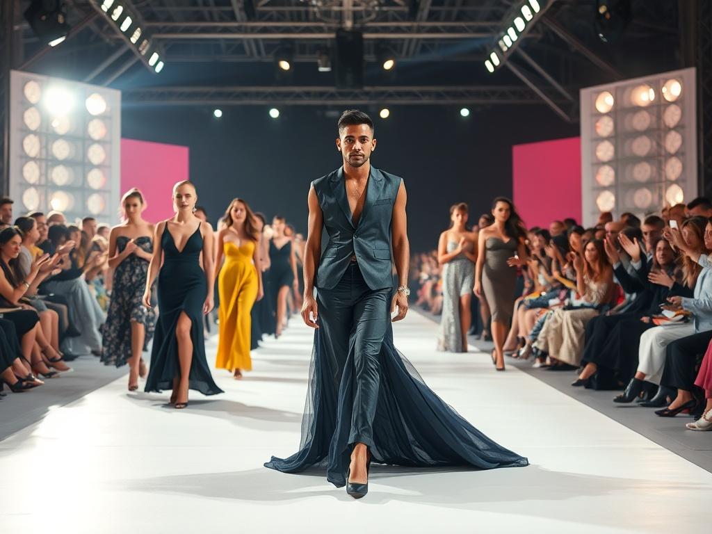A breathtaking runway finale featuring a designer surrounded by their